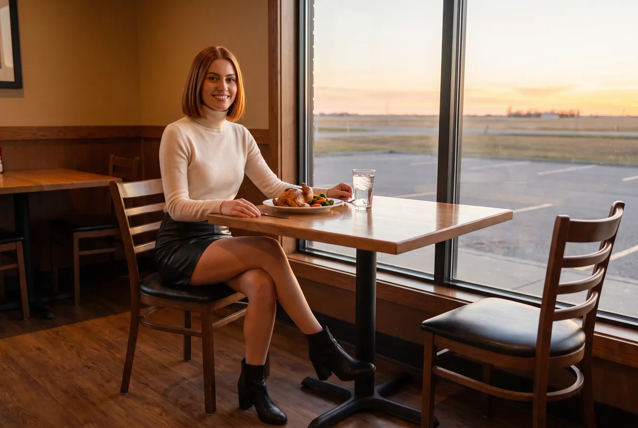 Woman at a window table with roast chicken
