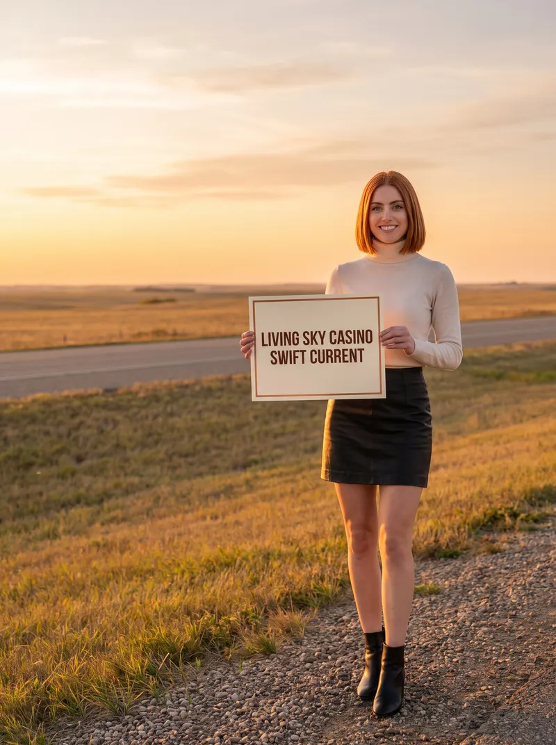 Woman holding a Living Sky Casino card at sunset